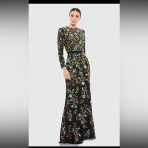 Mac Duggal Black Floral Embroidered Long Sleeve Dress